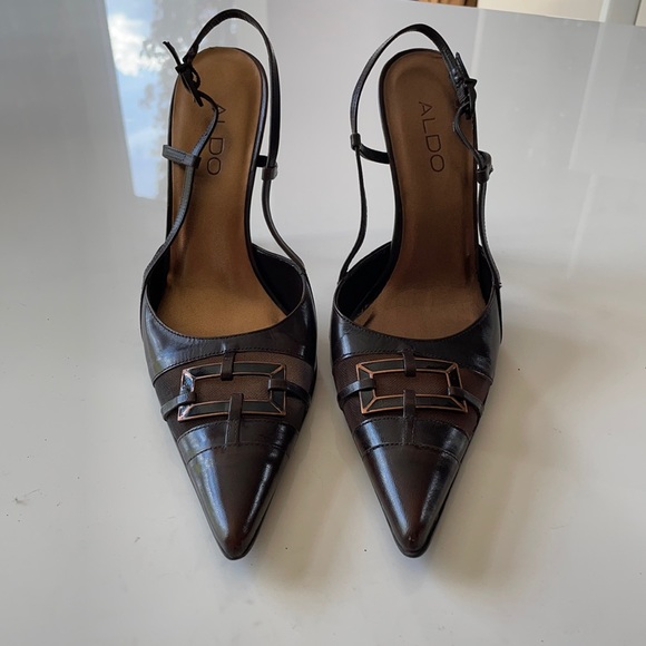 Aldo Size 8 Brown Heels with Copper Buckle - Picture 1 of 2